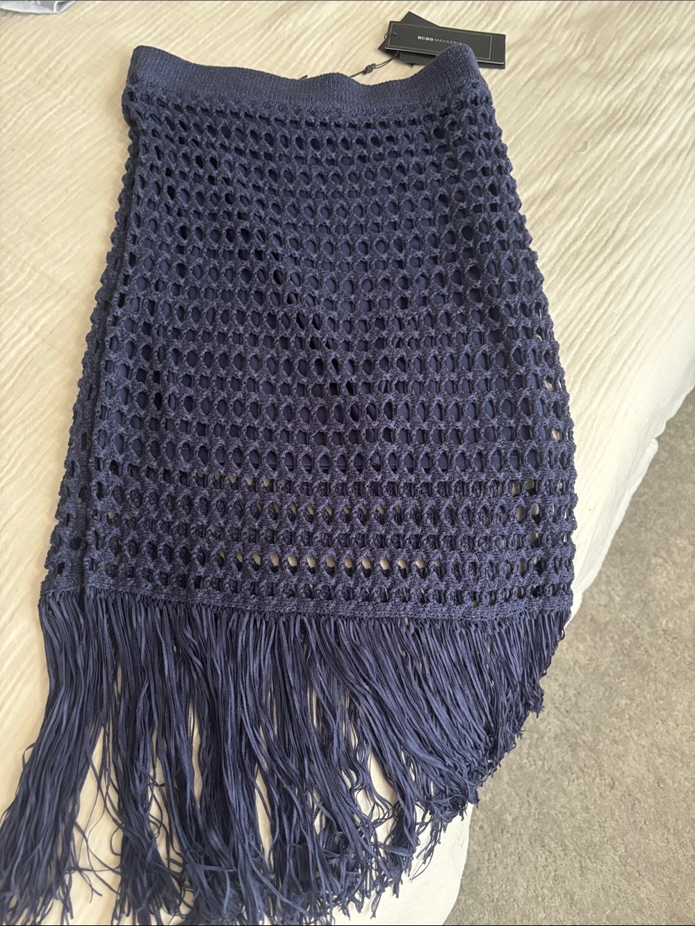 BCBGMaxAzria Navy Crochet Fringe Midi Skirt